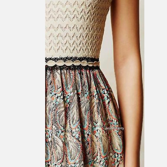 🍓Weston Anthropologie Arcata Beige Dress Feather Print Stretch Top Sz Small M - Picture 3 of 15